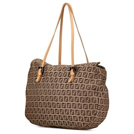 Fendi-Fendi Brown Zucchino Canvas Double Flap Tote-Brown,Beige