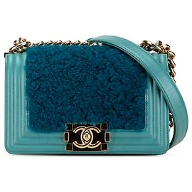 Chanel Blue Small Bicolor Shearling Boy Flap Bleu Turquoise