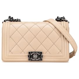 Chanel-Chanel Brown New Medium Aged Calfskin Stitched Boy Flap-Brown,Beige