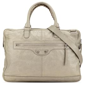 Balenciaga-Balenciaga Gray Lambskin Motocross Classic Bridge Satchel-Brown,Grey