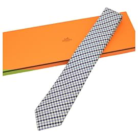 Hermès-Hermes Blue and White Check Silk Cravat-White,Blue