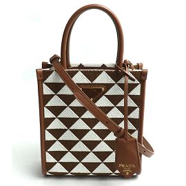 Prada Symbol Embroidered Fabric 2-Way Shoulder Bag Brown White