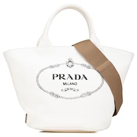 Prada-Prada White Small Canvas Canapa Shopping Tote-White