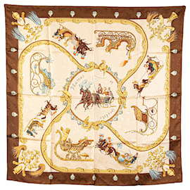 Hermès-Hermès Brown Plumes Et Grelots Silk Scarf-Brown,Beige