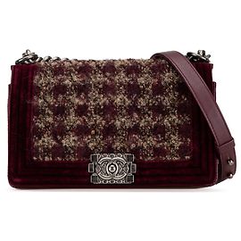 Chanel Rosso Vecchio Medio in Velluto e Tweed Boy Flap Rosso Bordò