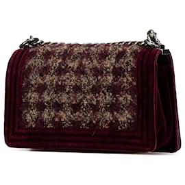Chanel-Chanel Red Medium Velvet and Tweed Boy Flap-Red,Dark red
