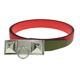 Hermès-Hermes Rival Vermilion Rose Silver Hardware Belt-Other