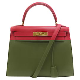 Hermès-Sac à main Hermes Kelly 28 avec couture extérieure-Rouge