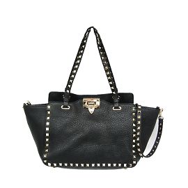 Valentino Garavani Rock Studs Leather Shoulder Tote Bag Black