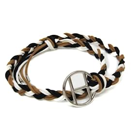 Hermès-Hermes Sash Belt with H Motif-Brown,Black,Silvery,White