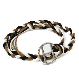 Cinto Sash Hermès com motivo H Marrom Preto Prata Branco