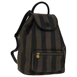 Fendi-FENDI Pecan Canvas Backpack PVC Brown Black Gold Auth 105418-Brown,Black,Golden
