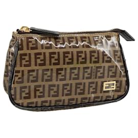 Fendi-FENDI Zucchino Canvas Pouch Brown Auth 108302-Brown