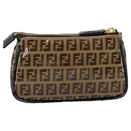 Fendi-FENDI Zucchino Canvas Pouch Brown Auth 108302-Brown