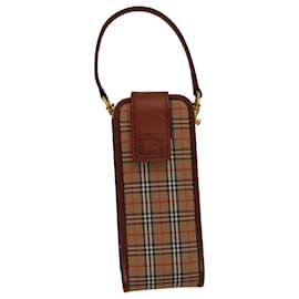 Burberry-BURBERRY Nova Check Mini Pouch Canvas Leather Beige Brown Gold Auth 105793-Brown,Beige,Golden