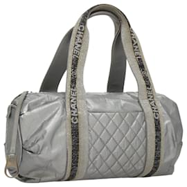 Chanel-CHANEL Sports Hand Bag Coated Canvas Silver CC Auth bs21669-Silvery
