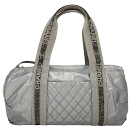 Chanel-CHANEL Sports Hand Bag Coated Canvas Silver CC Auth bs21669-Silvery