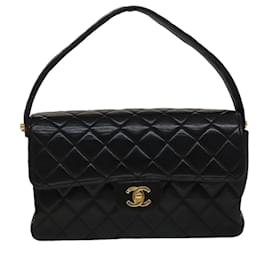Chanel-CHANEL Matelasse Double Face Hand Bag Lamb Skin Black Gold CC Auth yk16755A-Black,Golden
