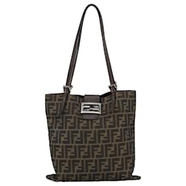Fendi-FENDI Zucca Canvas Tote Bag Brown Black Auth 109930-Brown,Black
