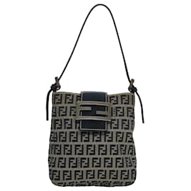 Fendi-FENDI Zucchino Canvas Hand Bag Navy Silver Auth 108378-Silvery,Navy blue