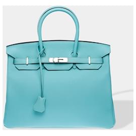 Hermès-HERMES Birkin 35 Bag in Blue Leather - 102417-Blue