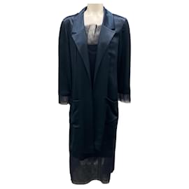 Chanel-Chanel Boutique Vintage 1999 Navy Blue Tulle Trimmed Silk Robe and Dress Two-Piece Set-Navy blue