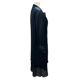 Chanel-Chanel Boutique Vintage 1999 Navy Blue Tulle Trimmed Silk Robe and Dress Two-Piece Set-Navy blue