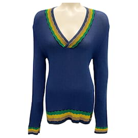 Fendi-Fendi Navy Blue Multi Trimmed Long Sleeved V-Neck Knit Sweater-Navy blue