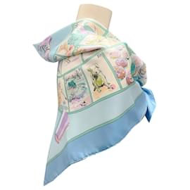 Hermès-Hermes Light Blue Multi Le Jeu des Petits Bonheurs Print Square Silk Twill Scarf-Blue