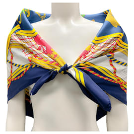 Hermès-Hermes Navy Blue / Yellow Multi Grande Tenue Print Square Silk Twill Scarf-Navy blue