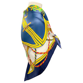Hermès-Hermes Navy Blue / Yellow Multi Grande Tenue Print Square Silk Twill Scarf-Navy blue