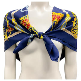 Hermès-Hermes Navy Blue Multi Les Muserolles Print Square Silk Twill Scarf-Navy blue