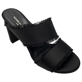 Autre Marque-Marion Parke Black Cecilia Fringed Block Heel Satin Sandals-Black