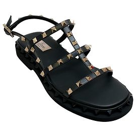 Valentino Black Leather Multi Strap Rockstud Flat Sandals Black