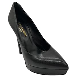 Saint Laurent-Saint Laurent Black Textured Leather Janis Platform Pumps-Black