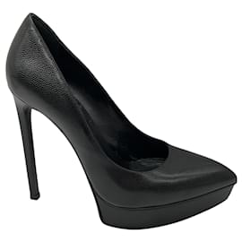 Saint Laurent-Saint Laurent Black Textured Leather Janis Platform Pumps-Black