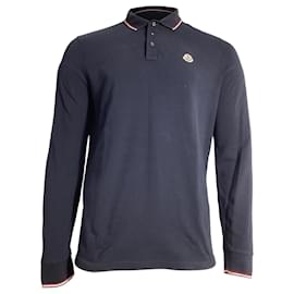 Moncler-Moncler Patch-Detail Long-Sleeved Polo Shirt in Navy Blue Cotton-Blue,Navy blue