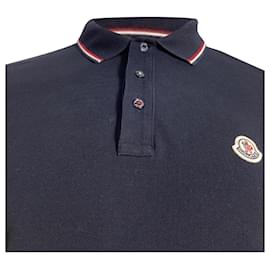 Moncler-Moncler Patch-Detail Long-Sleeved Polo Shirt in Navy Blue Cotton-Blue,Navy blue