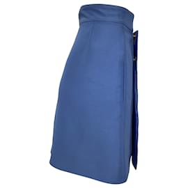 Valentino Garavani-Valentino V-Hardware Detail Wrap Mini Skirt in Blue Wool-Blue
