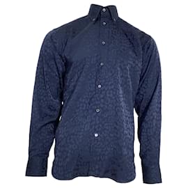 Tom Ford- Tom Ford Leopard Print Long Sleeve Shirt in Navy Blue Silk-Blue,Navy blue