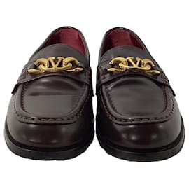 Valentino Garavani-Valentino VLogo Chain Loafers in Brown Leather-Brown,Red