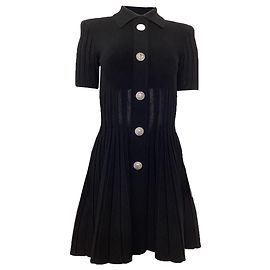 Balmain Knitted Embellished Button Mini Flared Dress in Black Viscose Black