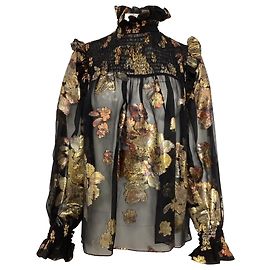 Blouse en soie noire à col roulé ornée de fleurs Saint Laurent Noir