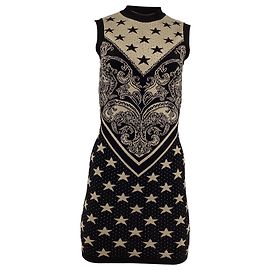 Vestido mini em viscose preta e bege com motivo de estrela em intársia da Balmain Multicor