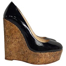 Christian Louboutin- Christian Louboutin Coroclic Cork Wedge Pumps in Black Patent Leather-Black