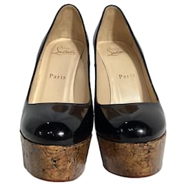 Christian Louboutin- Christian Louboutin Coroclic Cork Wedge Pumps in Black Patent Leather-Black