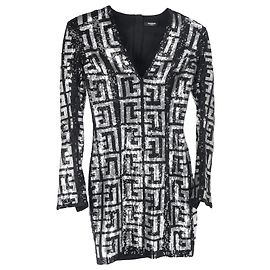 Balmain Logo Print Sequined Mini Dress in Black and Silver Polyester Silvery