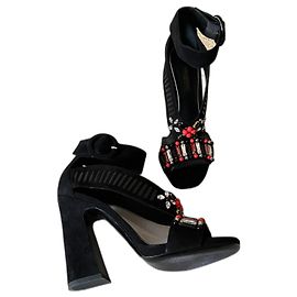 Louis Vuitton Black Leather Heels with Stones Black