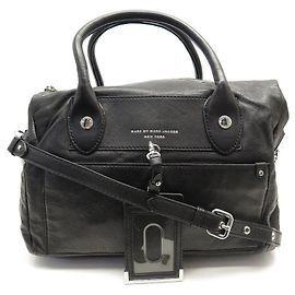 NINE MARC BY MARC JACOBS CLASSIC Q PREPPY PEARL BLACK LEATHER HANDBAG Black