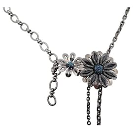 Lanvin-NEUF VINTAGE COLLIER LANVIN FLEURS STRASS 19-39CM METAL ARGENTE FLOWERS NECKLACE-Argenté